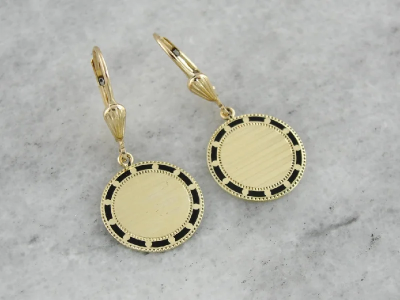 Intricate Earrings For Cultural Events-Retrofitted Antique Black Enamel Cufflink Earrings, Circular in Shape with Yellow Gold Leverbacks