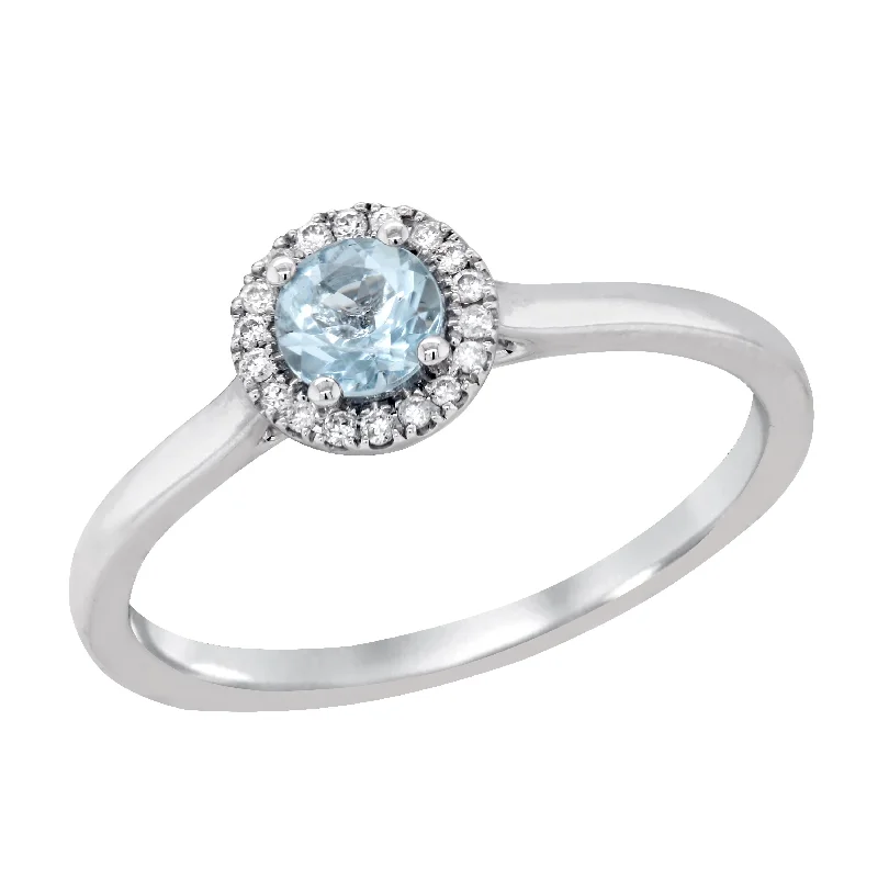 Gold Wedding Rings For Couples-WHITE GOLD AQUAMARINE RING WITH DIAMOND HALO, .05 CT TW