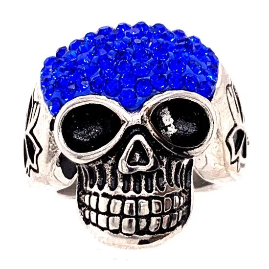 Sparkling Diamond Rings For Engagement-Skull With Tiny Blue Accent CZ Stones Stainless Steel Ring / SCR3104