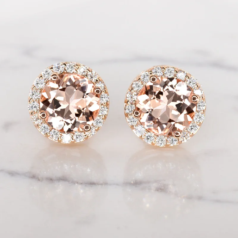 Trendy Earrings For New Year Parties-NATURAL MORGANITE STUD EARRINGS ROUND CUT 14k ROSE GOLD HALO PEACH PINK CLASSIC