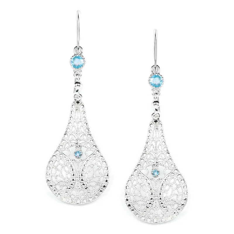 Elegant Earrings For Formal Celebrations-SWISS BLUE TOPAZ FILIGREE EARRINGS STERLING SILVER DANGLE TEARDROP VINTAGE STYLE