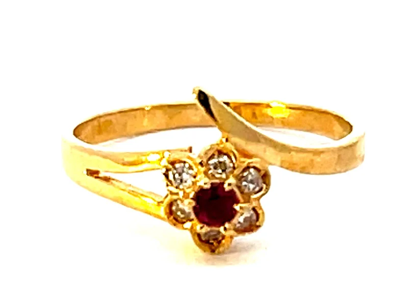 Handmade Diamond Rings For Unique Proposals-Red Ruby Flower and Diamond Ring in 14k Yellow Gold