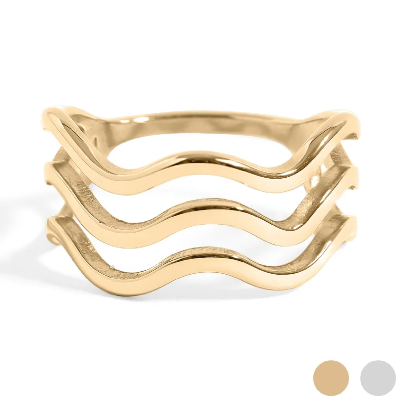 Beautiful Silver Rings For Fashion Wear-18K Gold PVD Stainless Steel Triple Wave Geometric Ring / KSS0005