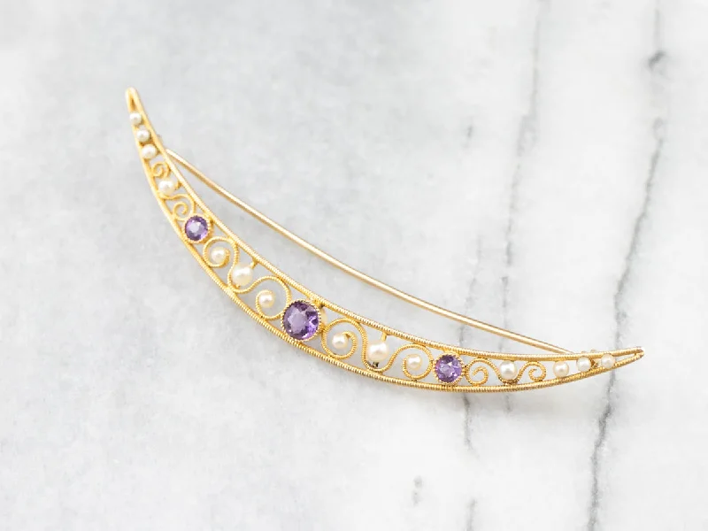 Simple Brooch For Daily Wear-Amethyst and Pearl Crescent Moon Brooch