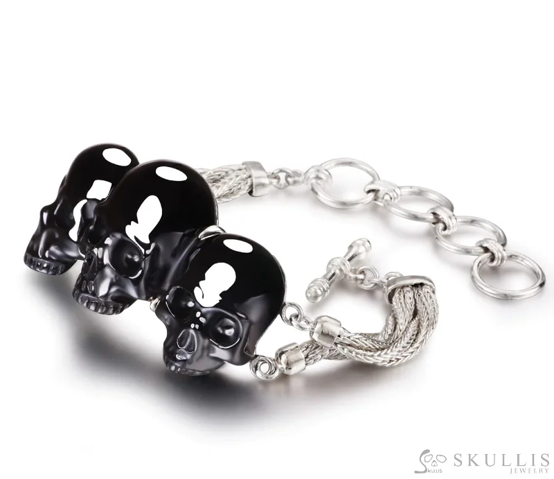 Gemstone Bracelets For Women-Gem Skull Bracelet of Black Obsidian Carved Skull in 925 Sterling Silver, Adjustable Size