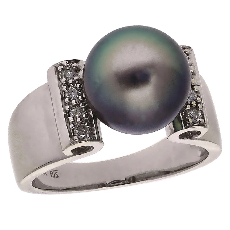 Adjustable Gemstone Rings For Comfortable Fit-14K White Gold Black Cultured Pearl and Diamond Ring