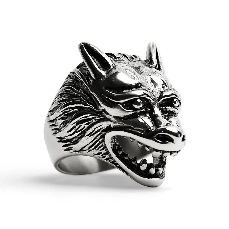 Beautiful Wedding Ring Sets For Couples-Stainless Steel Polished Snarling Wolf Ring / SCR3037