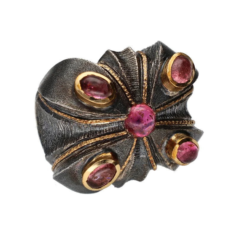 Colorful Gem Rings For Statement Style-Bora Jewelry Sterling Silver & Bronze Ring w/ Four Pink Sapphire Cabochons & One Pink Tourmaline