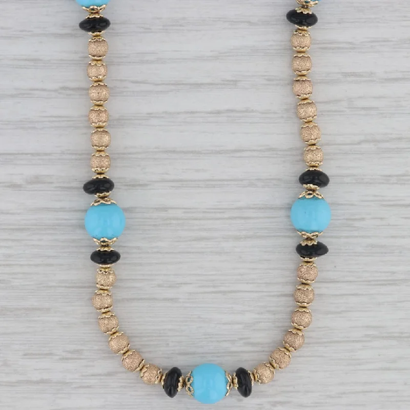 Affordable Fashion Necklaces For Trendy Style-Faro Italy Simulated Turquoise Onyx Bead Strand Necklace 14k Yellow Gold 17"