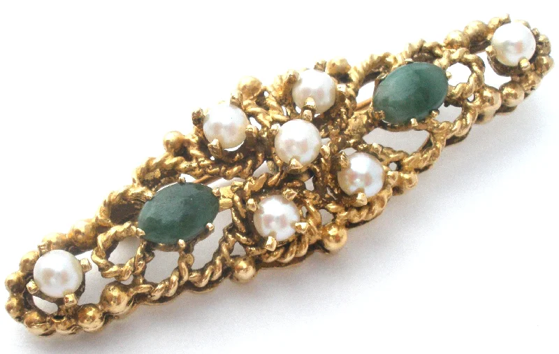 Brooch For Designer Dresses-14K Gold Pearl & Jade Bar Pin Brooch