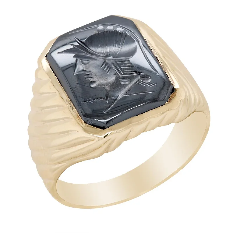 Customizable Engagement Rings-MEN'S YELLOW GOLD FASHION RING WITH AN INTAGLIO DESIGN CARVED INTO HEMATITE