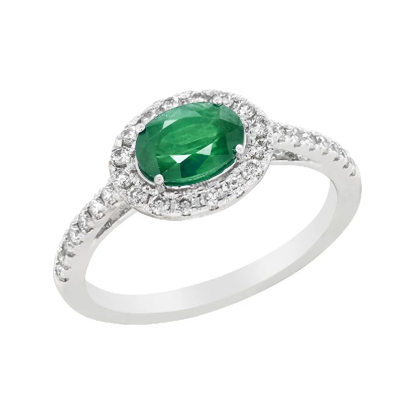 Colorful Gem Rings For Statement Style-WHITE GOLD FASHION RING WITH OVAL EMERALD AND DIAMOND HALO, .33 CT TW