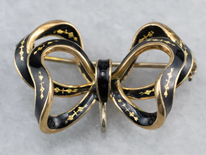 Stylish Brooch For Special Day-Vintage Black Enamel Gold Bow Brooch