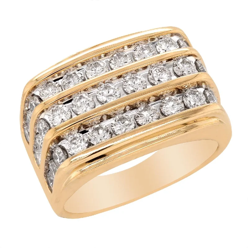 Unique Wedding Rings For Custom Style-MEN'S YELLOW GOLD FASHION RING WITH 3 ROWS OF CHANNEL SET DIAMONDS, 3.00 CT TW