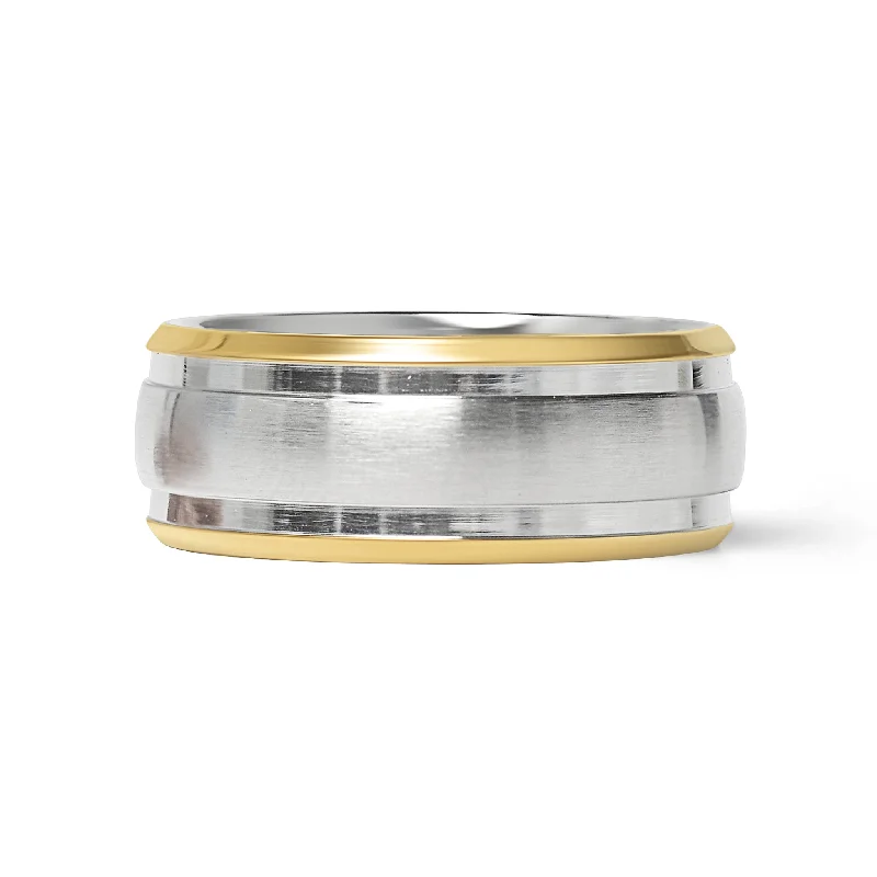 Elegant Wedding Rings For Brides-Gold Double Trim Brushed Center Stainless Steel Ring / CFR7019