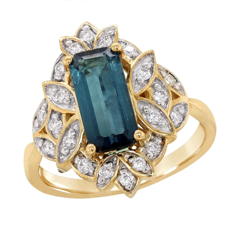 Vintage Engagement Rings For Classic Proposals-YELLOW GOLD FASHION RING WITH DIAMONDS AND BLUE TOURMALINE CENTER STONE