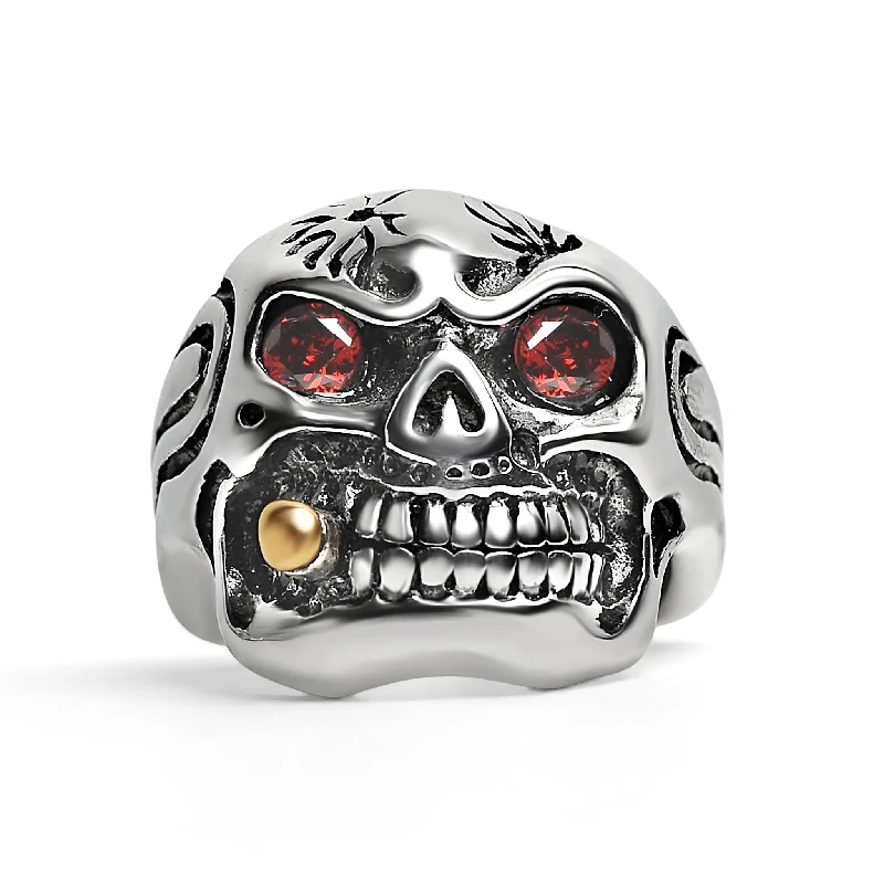 Beautiful Wedding Bands For Couples-Stainless Steel Bullet Cigar Smoking Red CZ Eyed Skull Ring / SCR3074