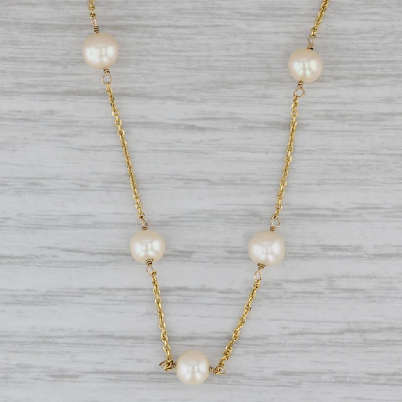 Crystal Necklaces For Sparkly Occasion-Pearl Station Necklace 14k Yellow Gold 16" Cable Chain