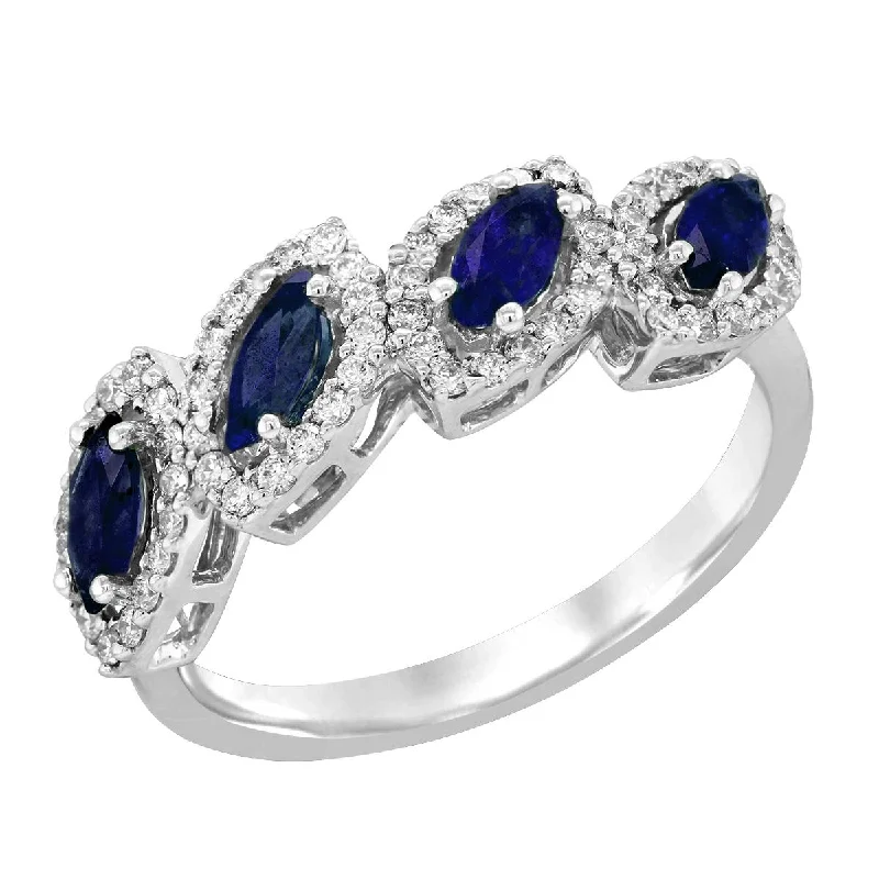 Stunning Opal Rings For Special Gifts-WHITE GOLD FASHION RING WITH MARQUISE SAPPHIRES AND DIAMOND HALOS, .35 CT TW