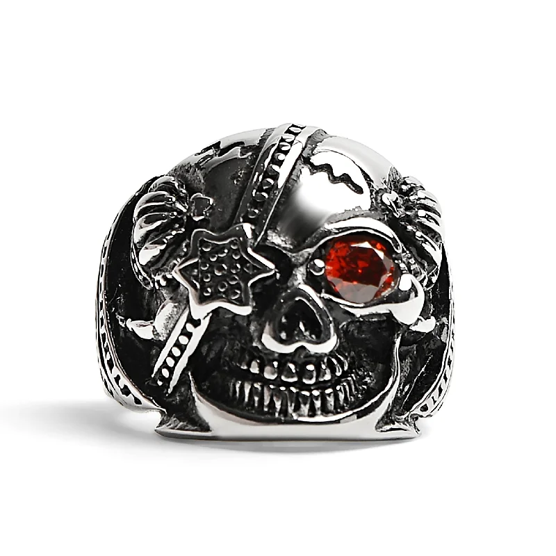 Luxury Diamond Rings For Anniversary Gifts-Stainless Steel Skull With Red CZ Eye and Eyepatch Ring / SCR2001