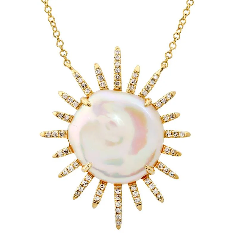 Spherical Necklaces For Modern Fashion-14k Yellow Gold Coin Pearl Sun Necklace