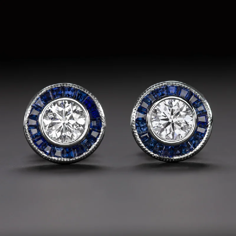 Custom Earrings For Trendy Gifts-1ct CERTIFIED DIAMOND SAPPHIRE STUD EARRINGS ART DECO STYLE ROUND CALIBRE HALO