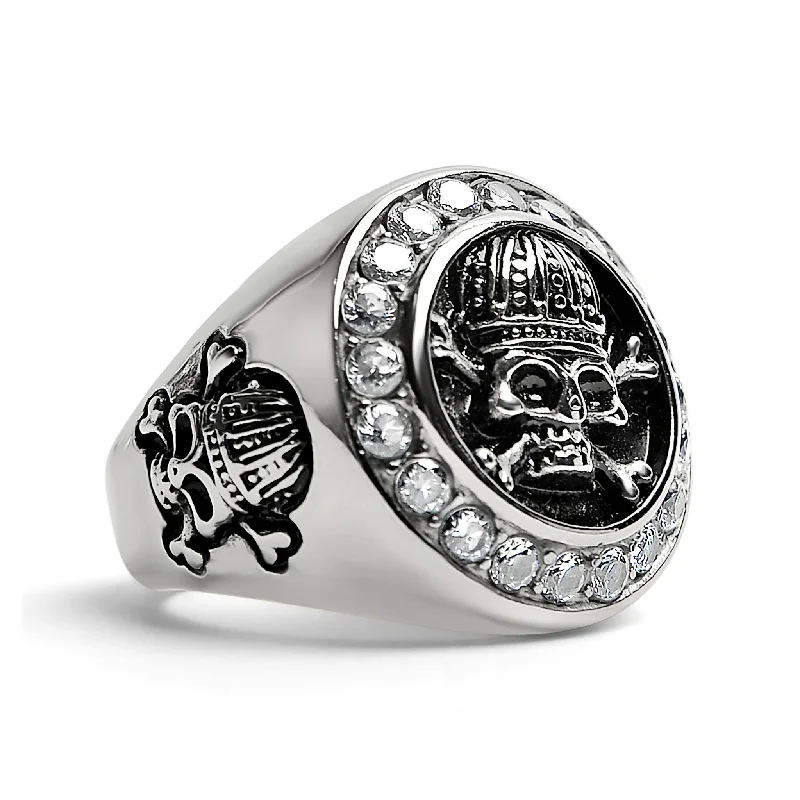 Best Rings For Everyday Wear-Stainless Steel King Skull And Crossbones With CZ Accent Stones Signet Ring / SCR4052