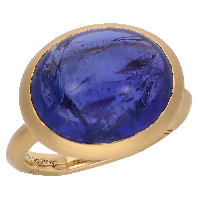 Stylish Chunky Rings For Bold Fashion-14K Yellow Gold Oval Cabochon Tanzanite Ring