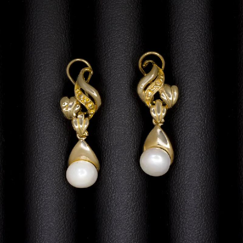 Fashionable Earrings For Prom-PEARL SOLID 14k YELLOW GOLD DANGLE EARRINGS DROP SWIRL ESTATE WEDDING JEWELRY