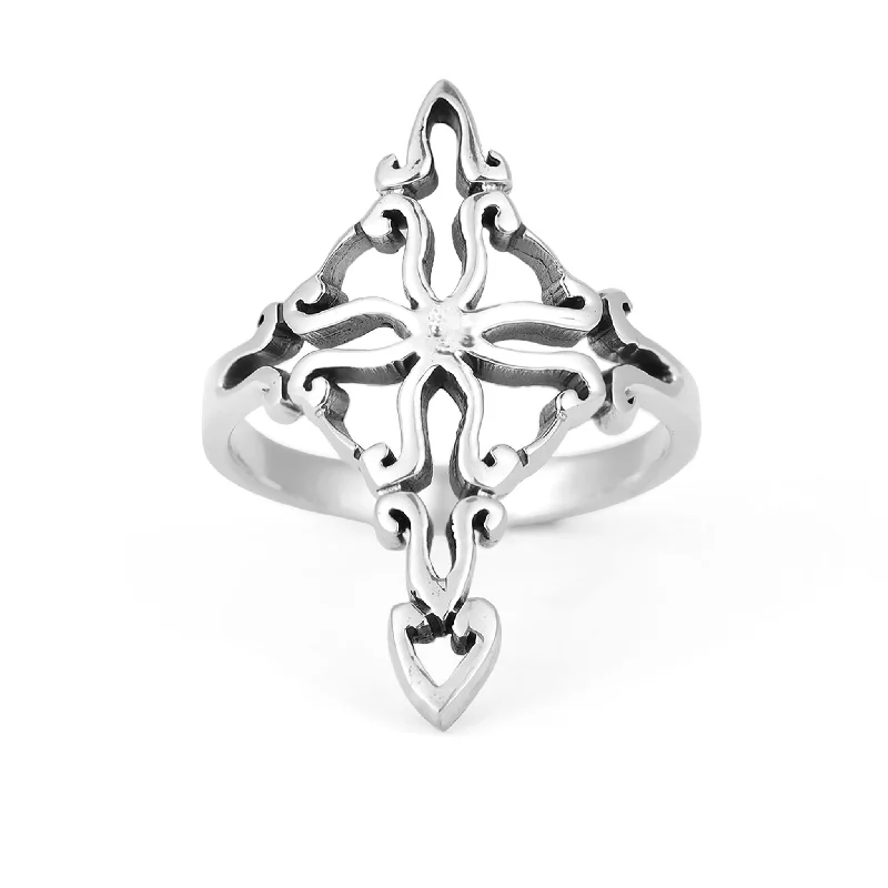 Designer Wedding Rings For Couples-Sterling Silver Fancy Cross Ring / SSR0104