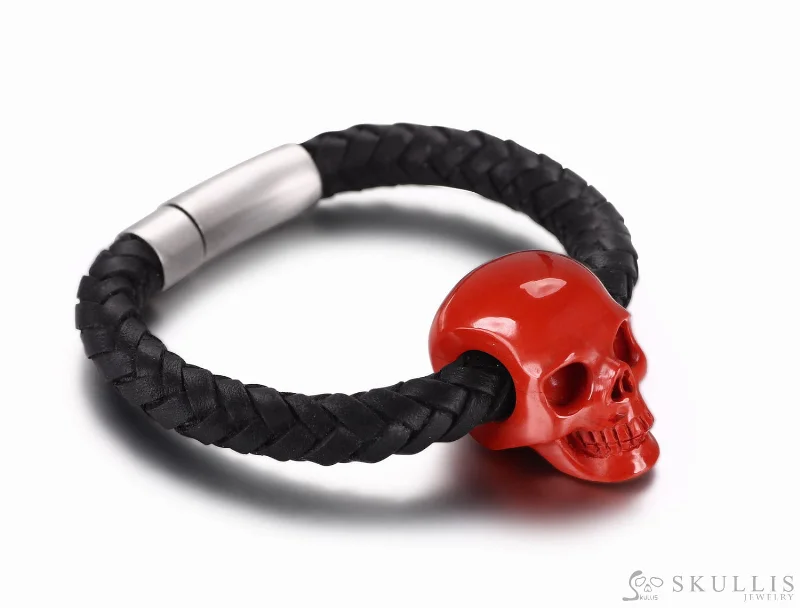 Fine Silver Bracelets For Women-Gem Skull Bracelet of Red Jasper Carved Skull with Genuine Leather