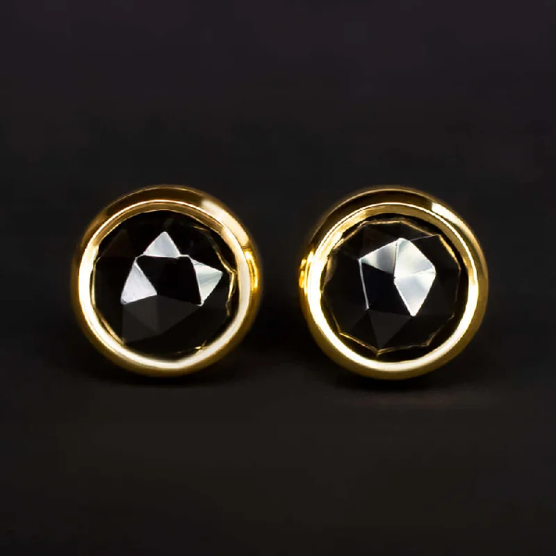 Gorgeous Hoop Earrings For Special Events-14K YELLOW GOLD BLACK SPINEL STUD EARRINGS 5mm ROUND ROSE CUT BEZEL MINIMALIST