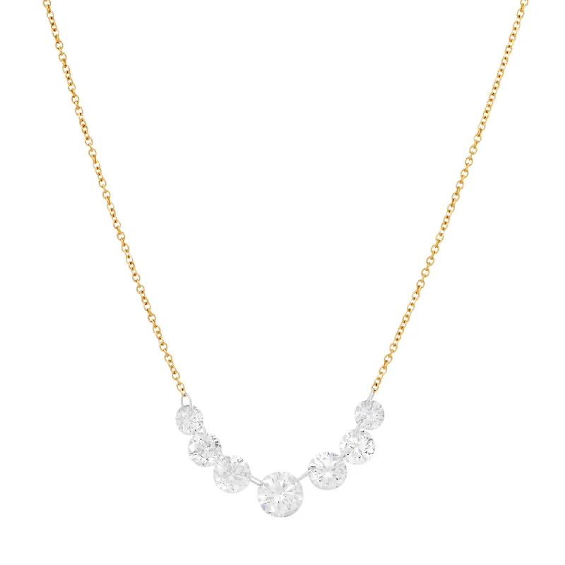 Crystal Necklaces For Sparkling Look-LARGE 7 DIAMOND FLOATING NECKLACE, 14kt GOLD