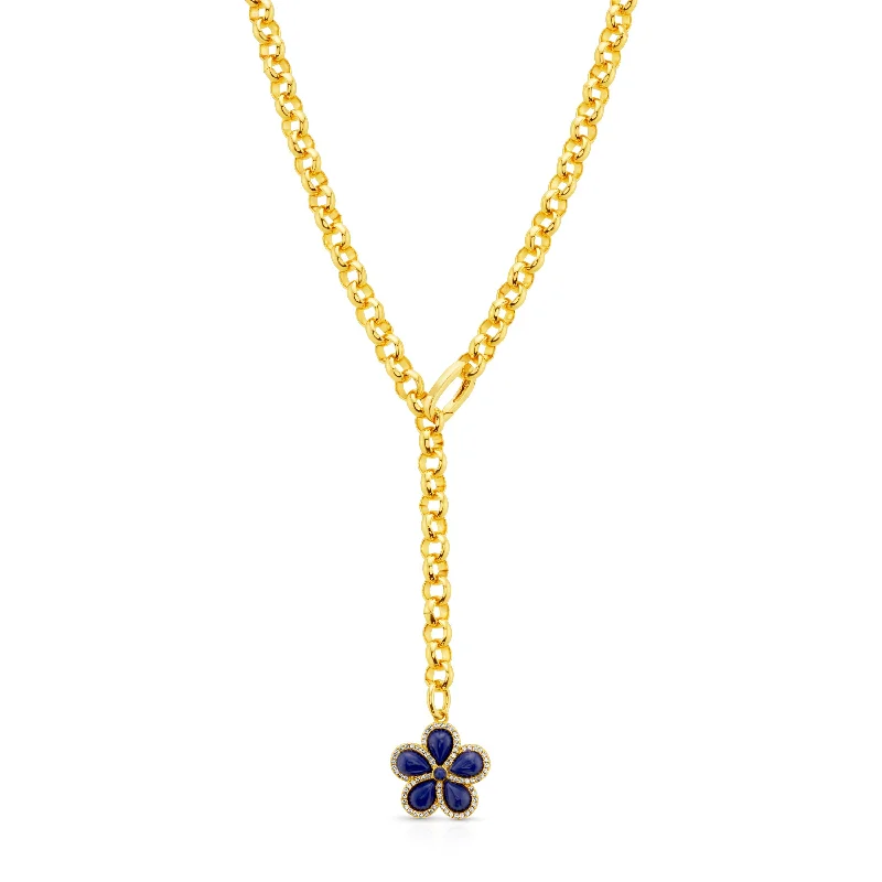 Simple Silver Necklaces For Casual Style-PRECIOUS FLOWER LARIAT CHAIN NECKLACE, LAPIS GOLD