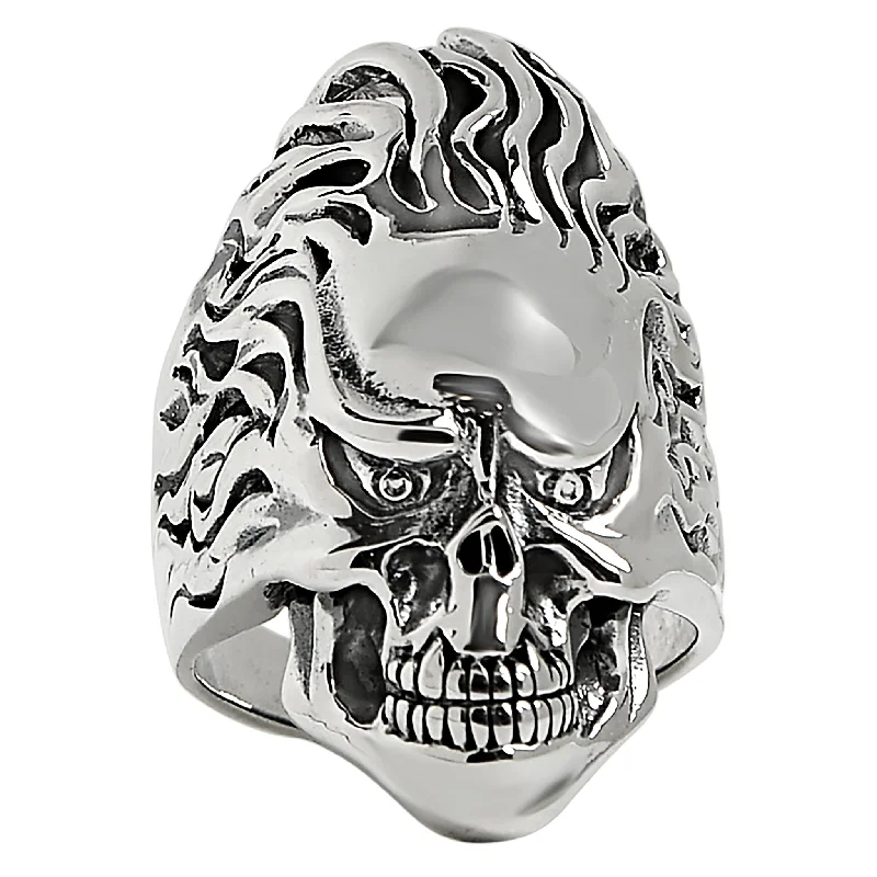 Stunning Engagement Rings For Timeless Beauty-Sterling Silver Skull Flaming Hair Ring / SSR0025