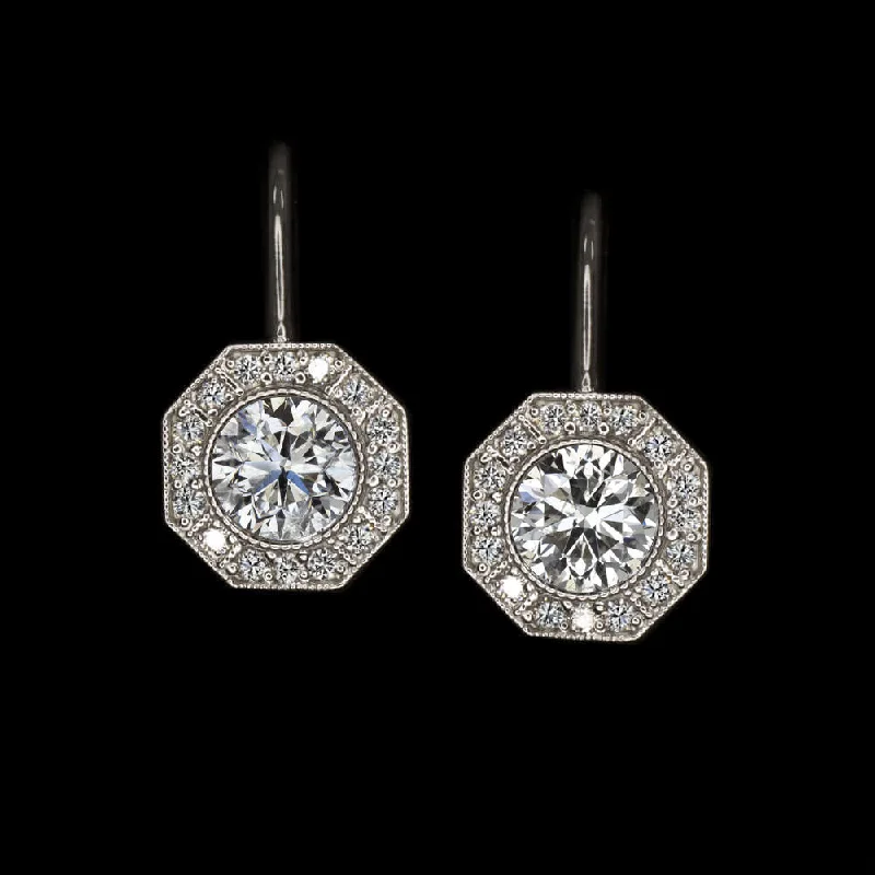 Bridal Earrings For Destination Weddings-VINTAGE STYLE DIAMOND DROP EARRINGS 1.90ct NATURAL HALO DANGLE WHITE GOLD ROUND