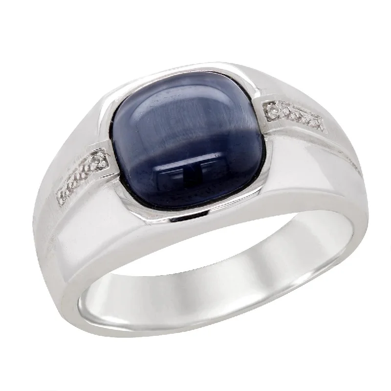 Affordable Wedding Bands For Brides-MENS WHITE GOLD RING WITH GRAY CATSEYE AND 2 DIAMONDS, .005 CT TW