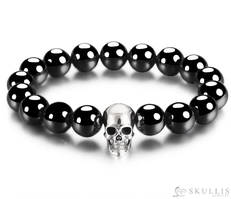 Leather And Metal Bracelets-Gem Skull Bracelet of Sterling Silver Carved Skull with Black Obsidian Beaded