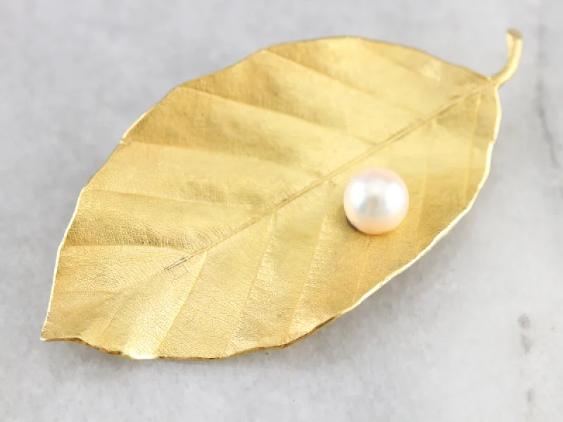 Large Crystal Brooch For Women-High Karat Gold Pearl Leaf Brooch