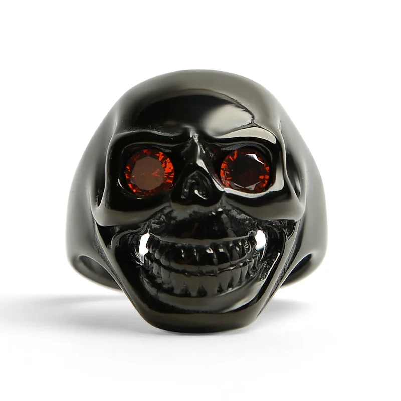 Modern Engagement Bands For Stylish Brides-Stainless Steel Red CZ Eyed Black Skull Ring / SCR4065