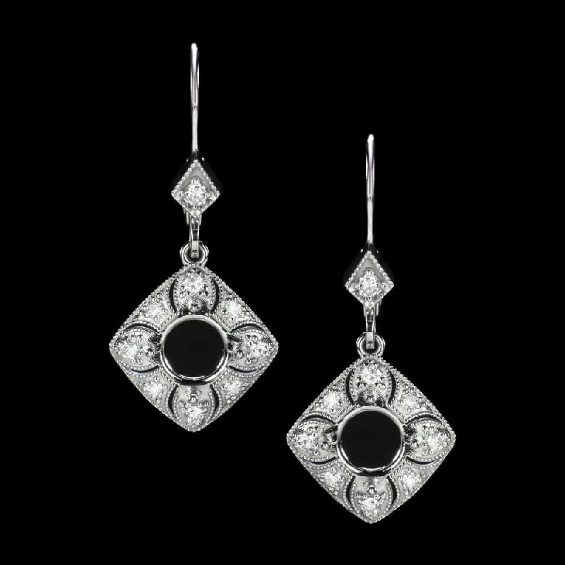 Wedding Earrings For Destination Weddings-DIAMOND SEMI MOUNT DROP EARRINGS ROUND SETTING VINTAGE STYLE ART DECO DANGLE