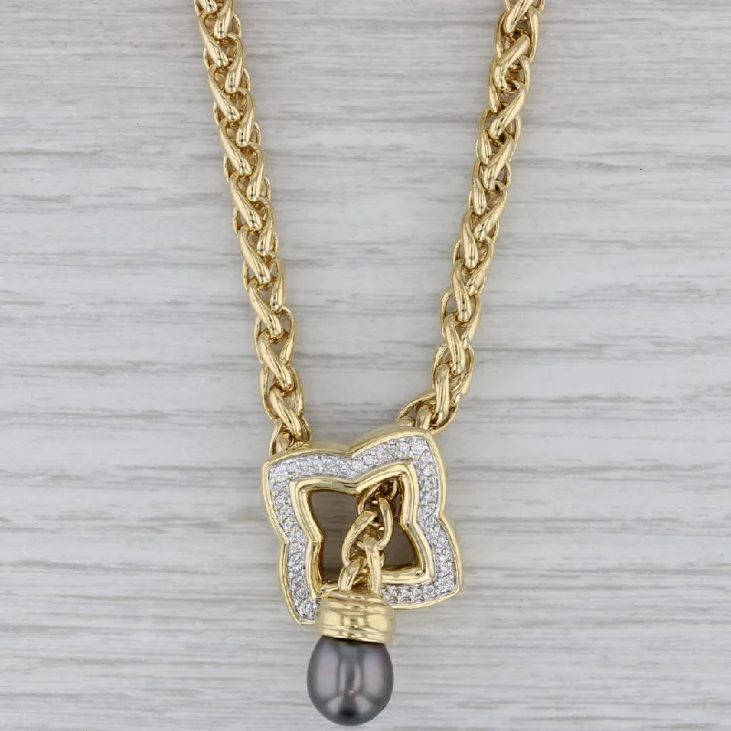 Fashionable Necklaces For Teens-David Yurman 0.30ctw Diamond Black Pearl Clover Lariat Necklace 18K Yellow Gold