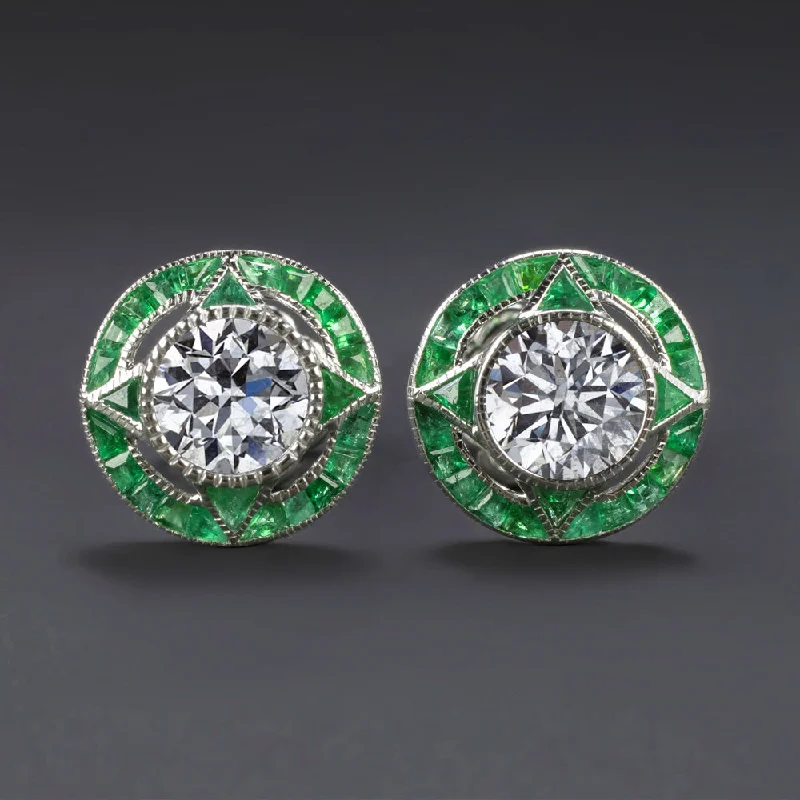 Statement Earrings For Bold Fashion-1.40ct DIAMOND EMERALD STUD EARRINGS VINTAGE STYLE TARGET CALIBRE NATURAL ROUND