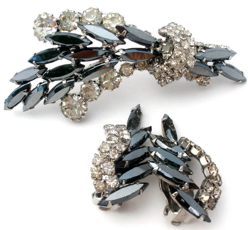 Small Brooch For Daily Fashion-Gray & Clear Rhinestone Brooch Set Vintage