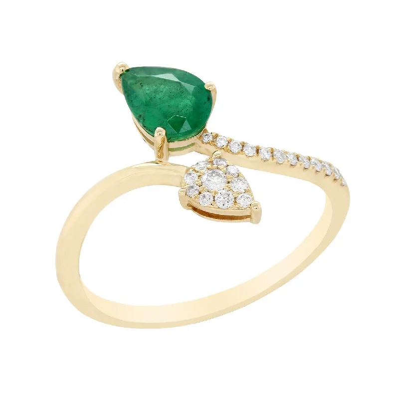 Gorgeous Custom Rings For Unique Weddings-YELLOW GOLD FASHION RING WITH PEAR SHAPED EMERALD AND 22 ROUND DIAMONDS, .12 CT TW