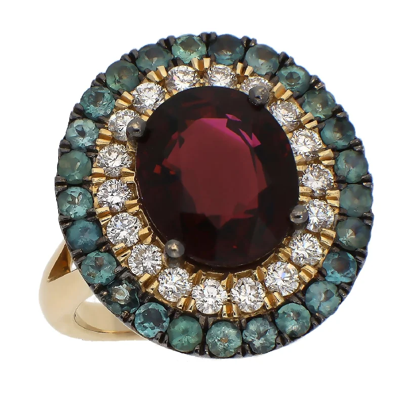 Unique Promise Rings For Couples-14K Yellow Gold Oval Rhodolite Garnet with Diamond and Alexandrite Double Halo Ring