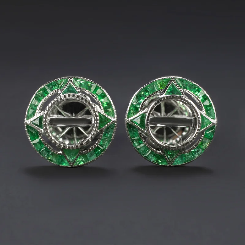 Boho Earrings For Casual Festivals-VINTAGE STYLE EMERALD SEMI MOUNT EARRINGS 5.5mm STUD SETTINGS ART DECO TARGET