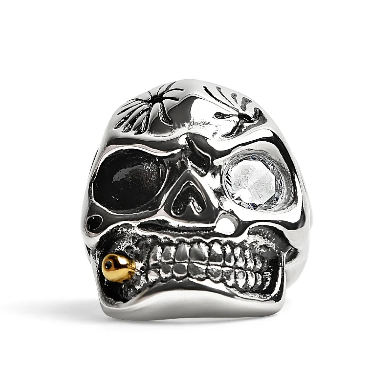 Vintage Rings For Collectors-Stainless Steel Skull Smoking 18K Gold PVD Coated Cigar And Single CZ Eye Ring / SCR4047