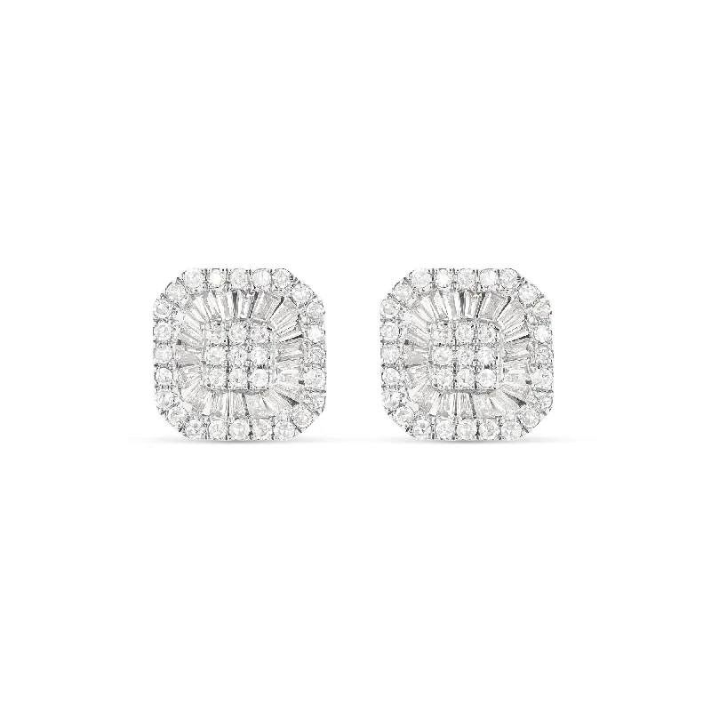 Casual Silver Earrings For Daily Style-14K Rose Gold Baguette and Round Diamond Halo Stud Earrings