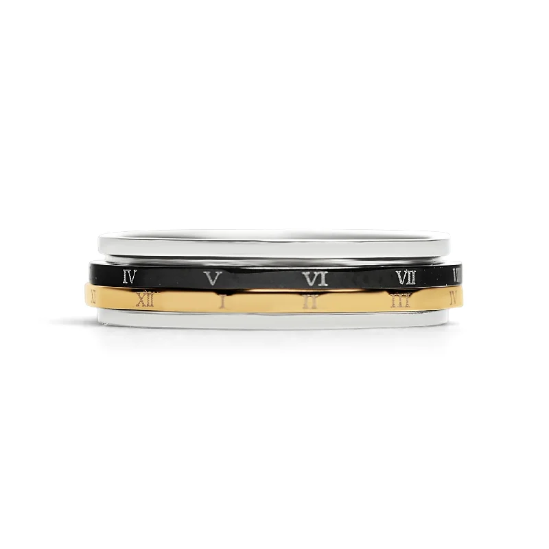 Affordable Promise Rings For Gifting-Roman Numerals Gold Black Spinner Stainless Steel Ring / SSU011